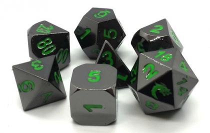 Halfling Forged: Black Nickel w/ Green - Old School 7-Piece D&D RPG Metal Dice Set